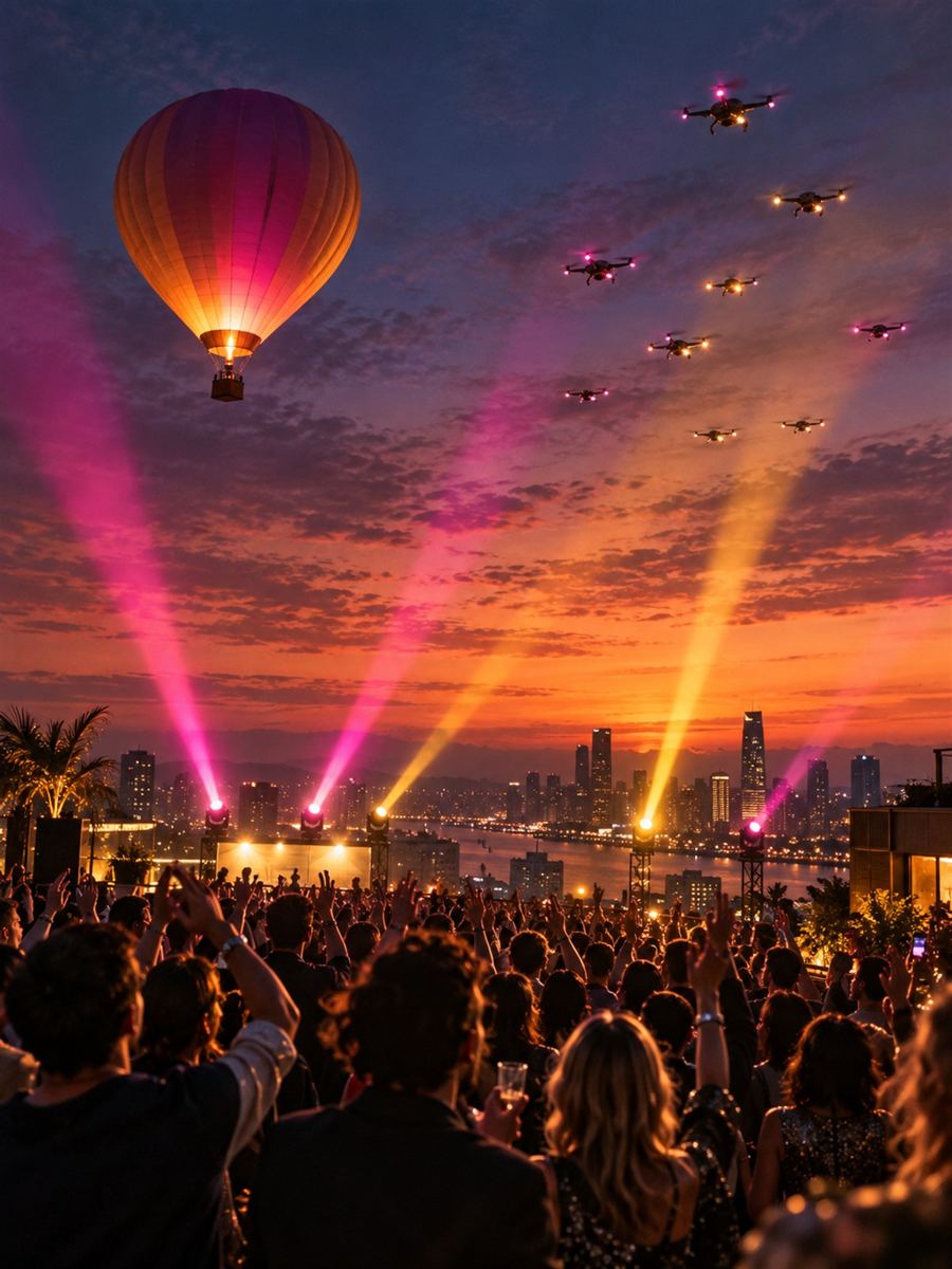Rooftop launch with a balloon, drones and light beams