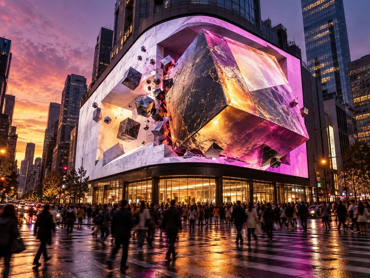 Corner LED billboard with a 3D cube bursting out