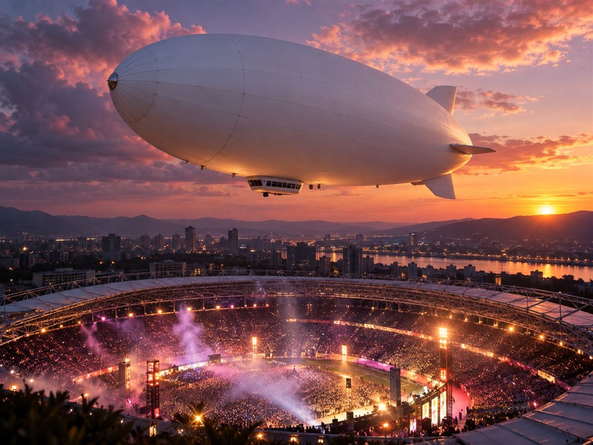 White airship above a packed stadium at sunset