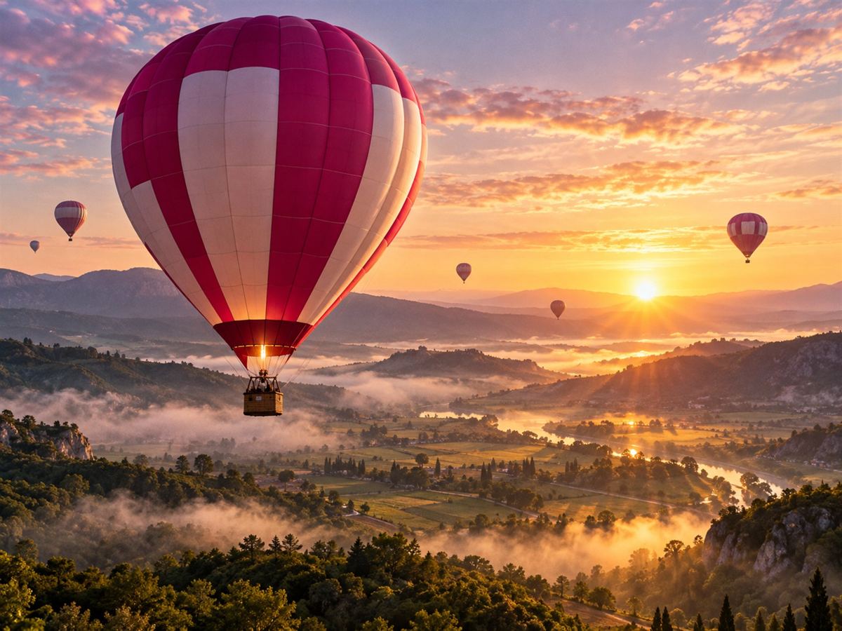 Magenta and white hot air balloon above a misty valley