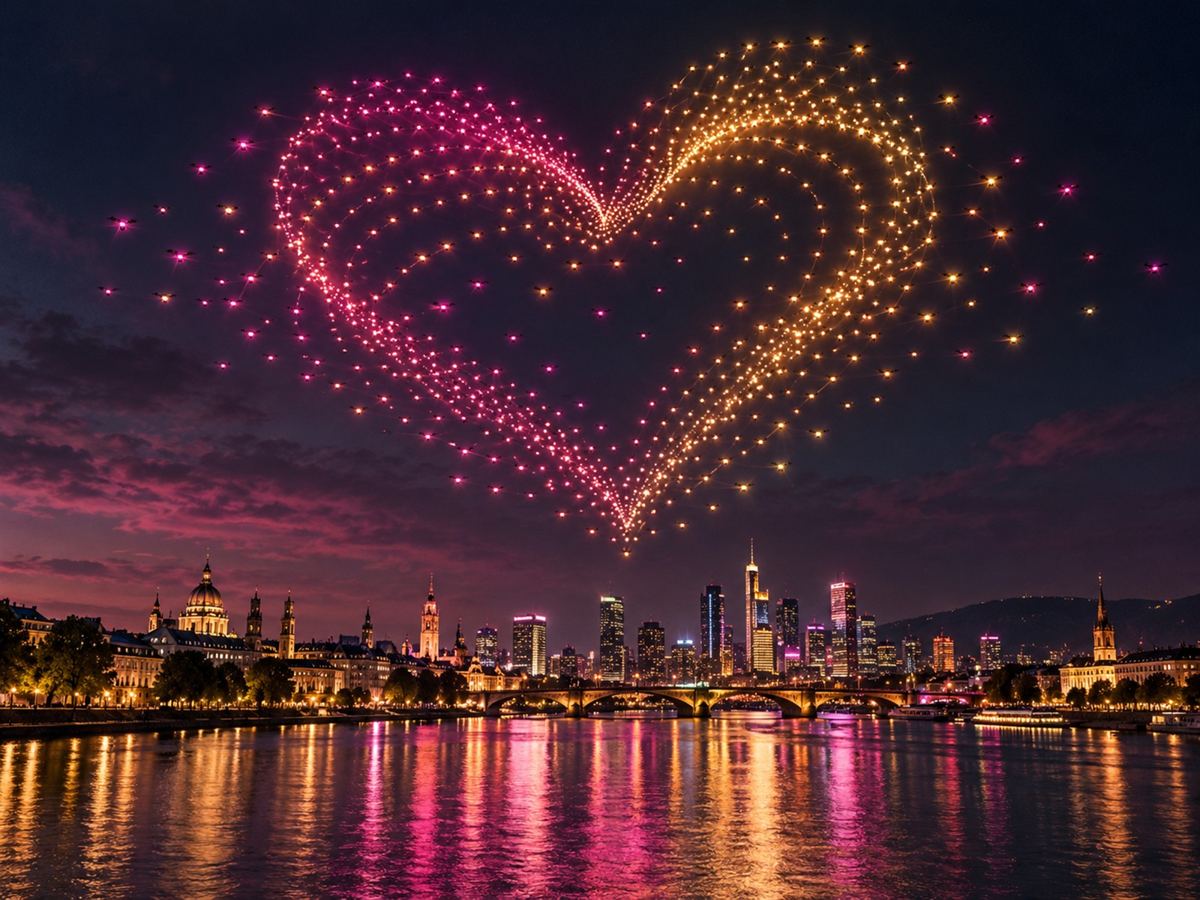 Drones forming a glowing heart over a city skyline