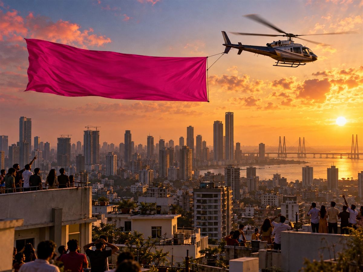 Helicopter towing a magenta banner over a city at sunset