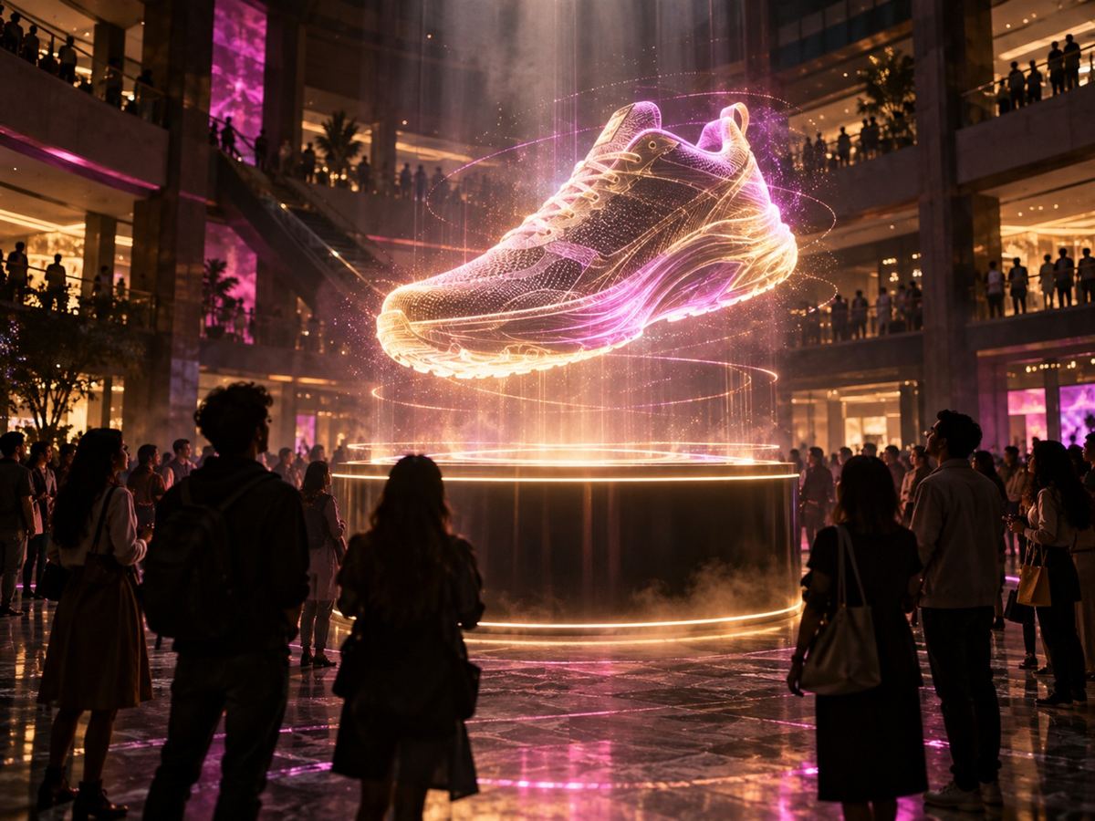 Holographic sneaker floating in a mall atrium