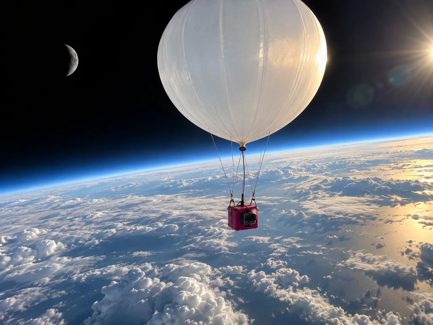 A white balloon carrying a magenta payload box above the curve of the Earth with the Moon behind